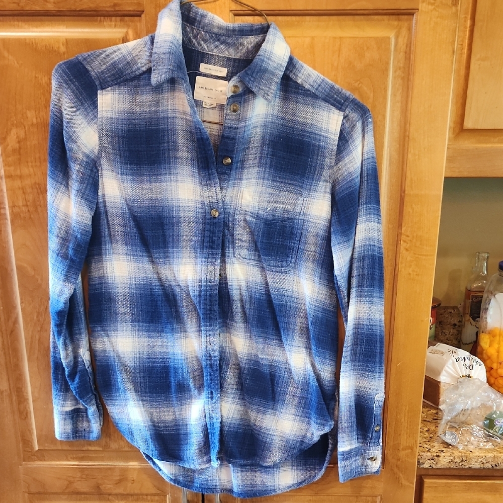 Blue and White Plaid Button-Up Shirt